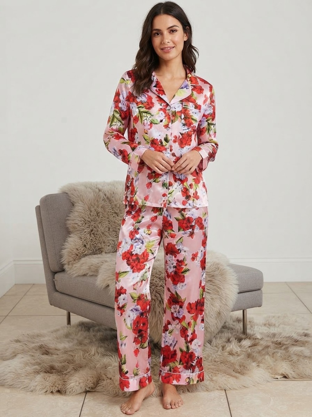Dalia Macphee set Pink satin light Floral Satin Button-Front Pajama Set pants M